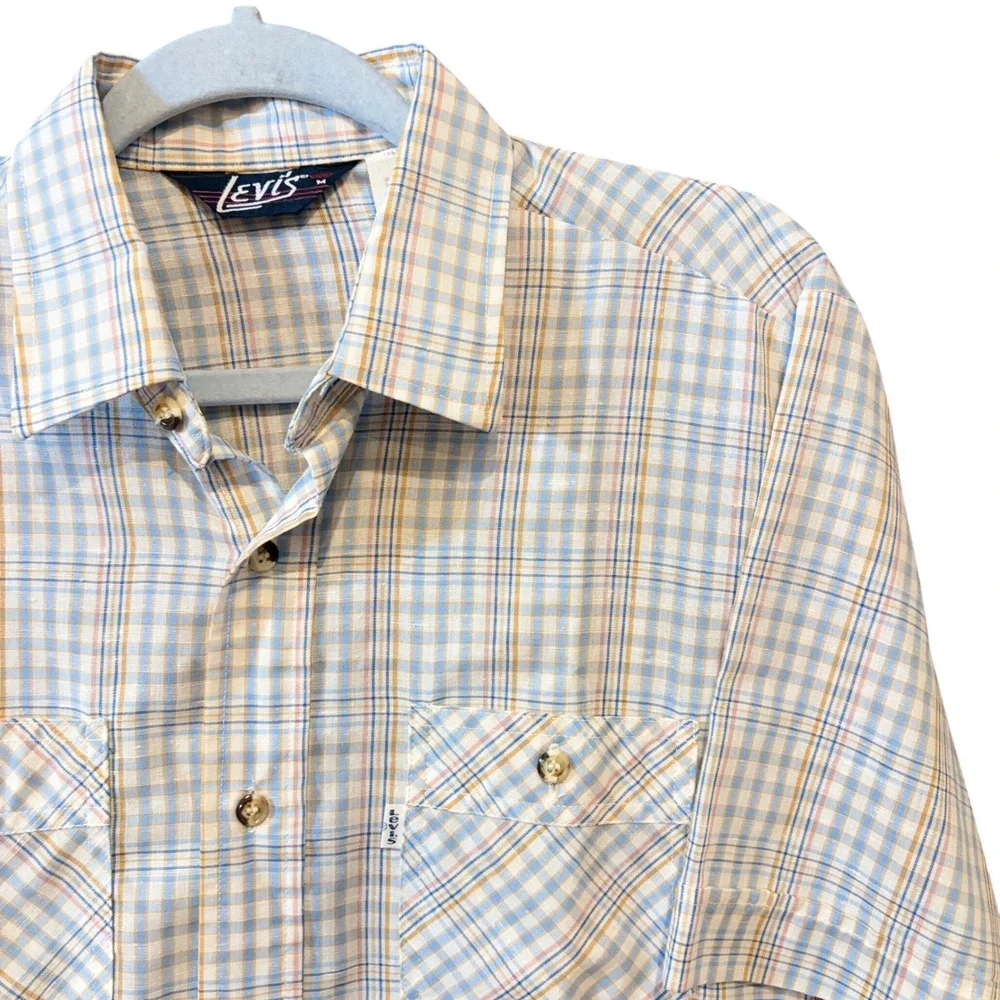 Vintage 1989 Levis White Tab Plaid Short Sleeve Shirt Made in USA Blue Tan Men M